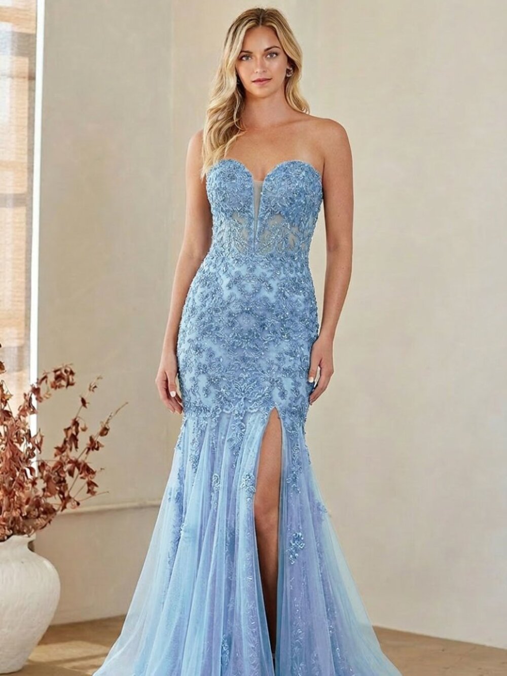 New Strapless Blue Mermaid Dress w/ Flare Skirt & Floral Lace Motif AC 7090